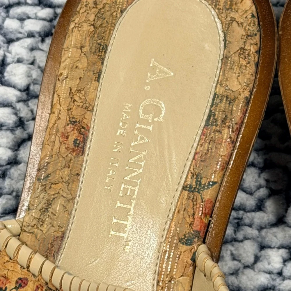 A. Giannetti Cork Floral Sandals Womens 38 Tan Leather Whipstitch Boho Italy 7.5